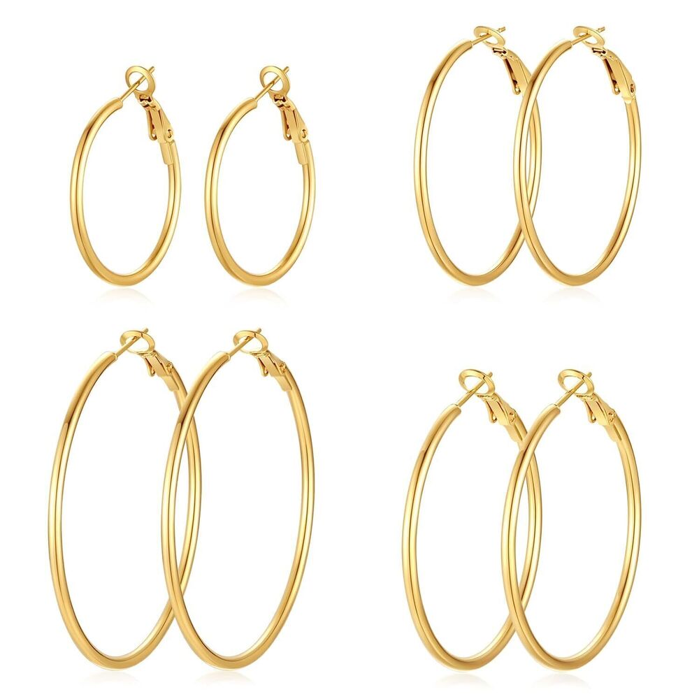 Gold Hoop Earrings 4 Pair Set Women 14K Plated